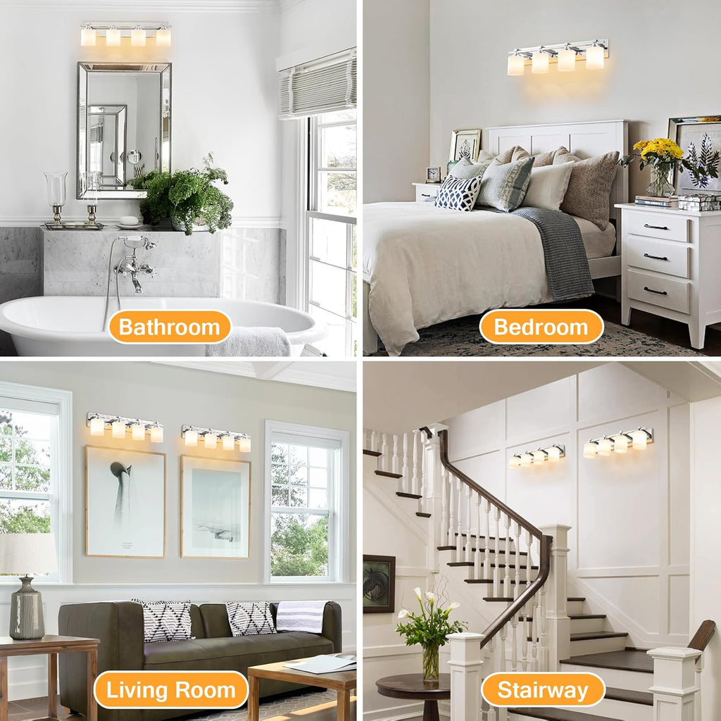 4 Light Modern Bathroom Light Fixtures Over Mirror, Chrome Vanity Lights for Bathroom Wall Sconces with Milky White Glass Shades, E26 Socket (Bulbs Not Included)