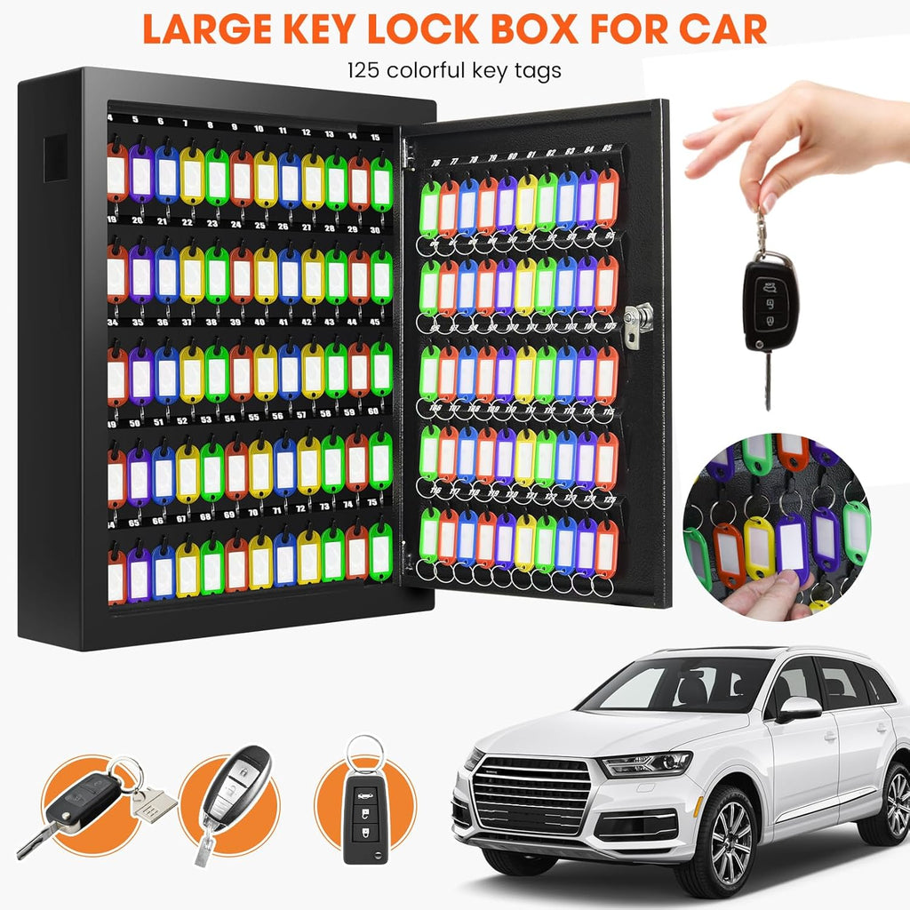 125 Position Key Cabinet Wall Mount with Anti-Theft Deposit Key Slot, Key Box Organizer with Key Hooks & 125 Tags Key Labels, Key Safe for Hotels & Office & Companies & Car Dealerships