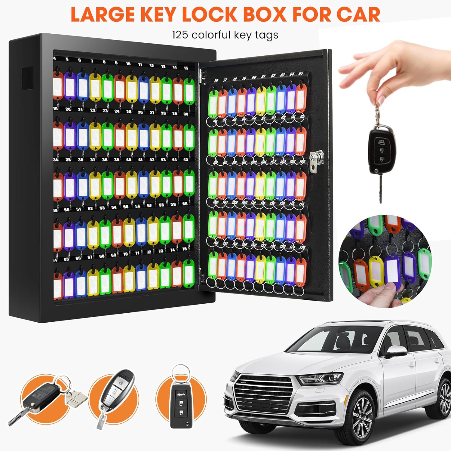 125 Position Key Cabinet Wall Mount with Anti-Theft Deposit Key Slot, Key Box Organizer with Key Hooks & 125 Tags Key Labels, Key Safe for Hotels & Office & Companies & Car Dealerships