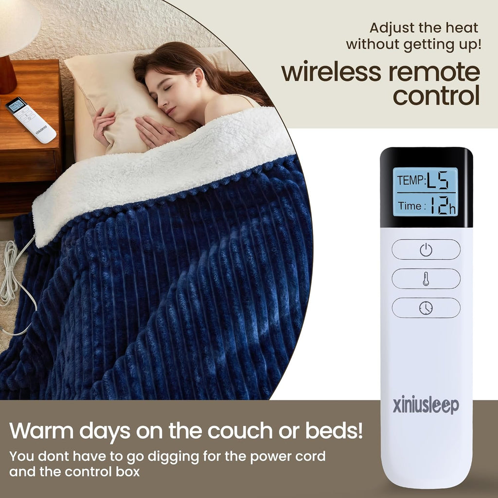 Heated Blanket Electric Blanket 90"x90", Soft Flannel Sherpa Electric Throw with 5 Heating Level & 12 Times Setting, Heated Throw with Overheating Protection, Machine Washable (Navy Blue)