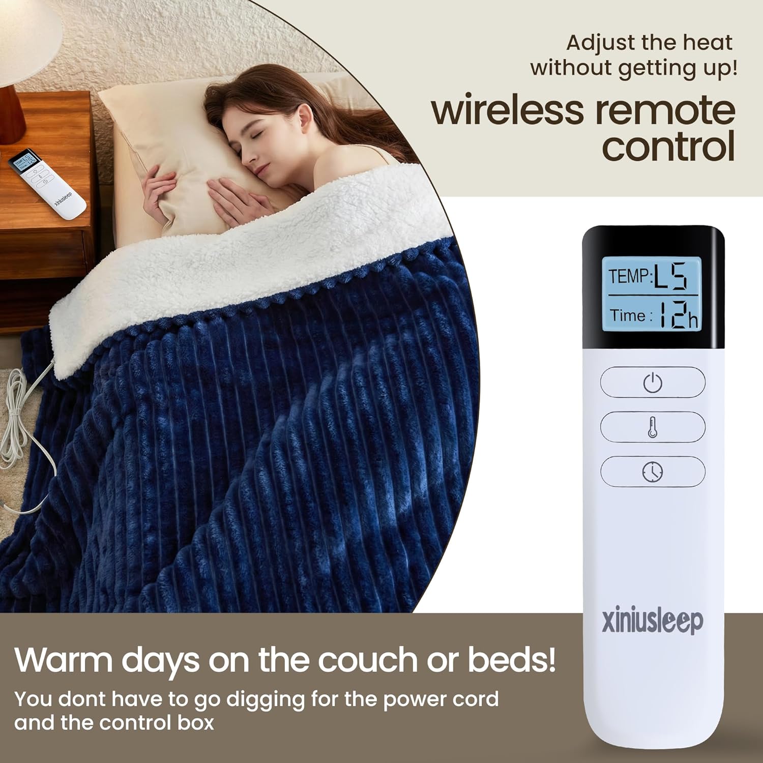 Heated Blanket Electric Blanket 62"x84", Soft Flannel Sherpa Electric Throw with 5 Heating Level & 12 Times Setting, Heated Throw with Overheating Protection, Machine Washable (Navy Blue)