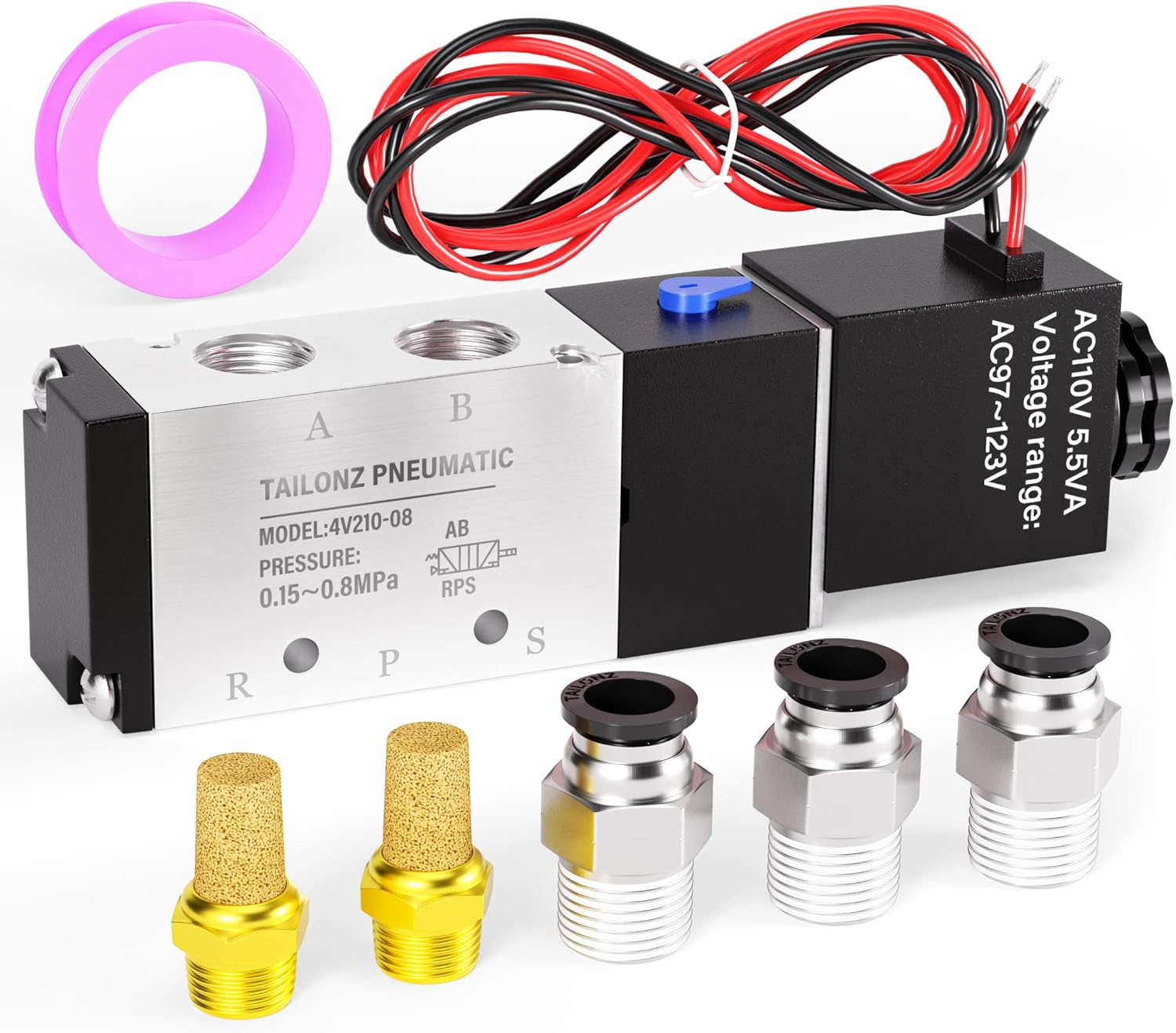 TAILONZ PNEUMATIC 1/4"NPT Solenoid Valve AC110V Single Coil Pilot-Operated Electric 2 Position 5 Way Connection Type 4V210-08 Outlet wire