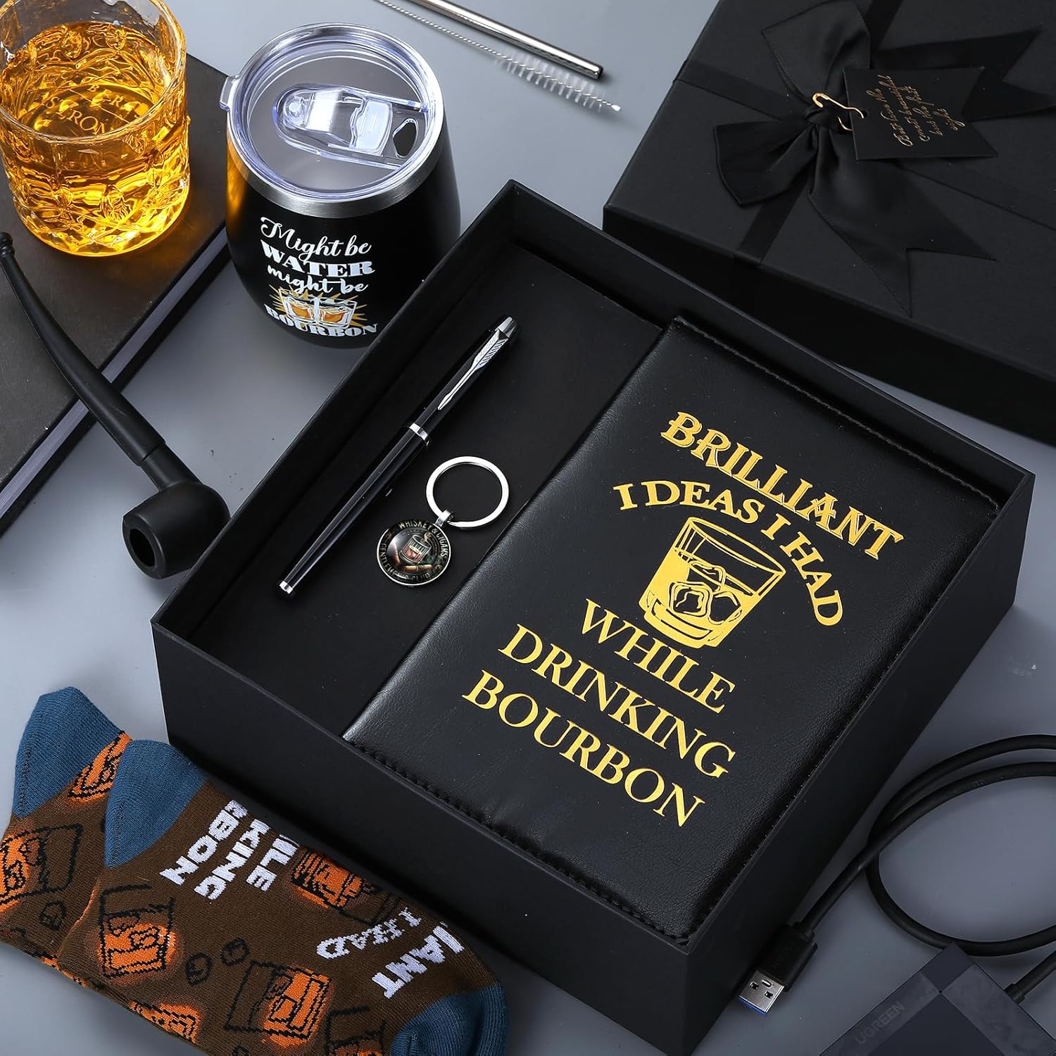 6 Pcs Novelty Bourbon Gift for Men Women Funny Whiskey Lovers Gifts 12 oz Stainless Steel Cup Socks Keychain Pen Notebook Box for Christmas Drink Party Bar Bourbon Whiskey Lovers Gift