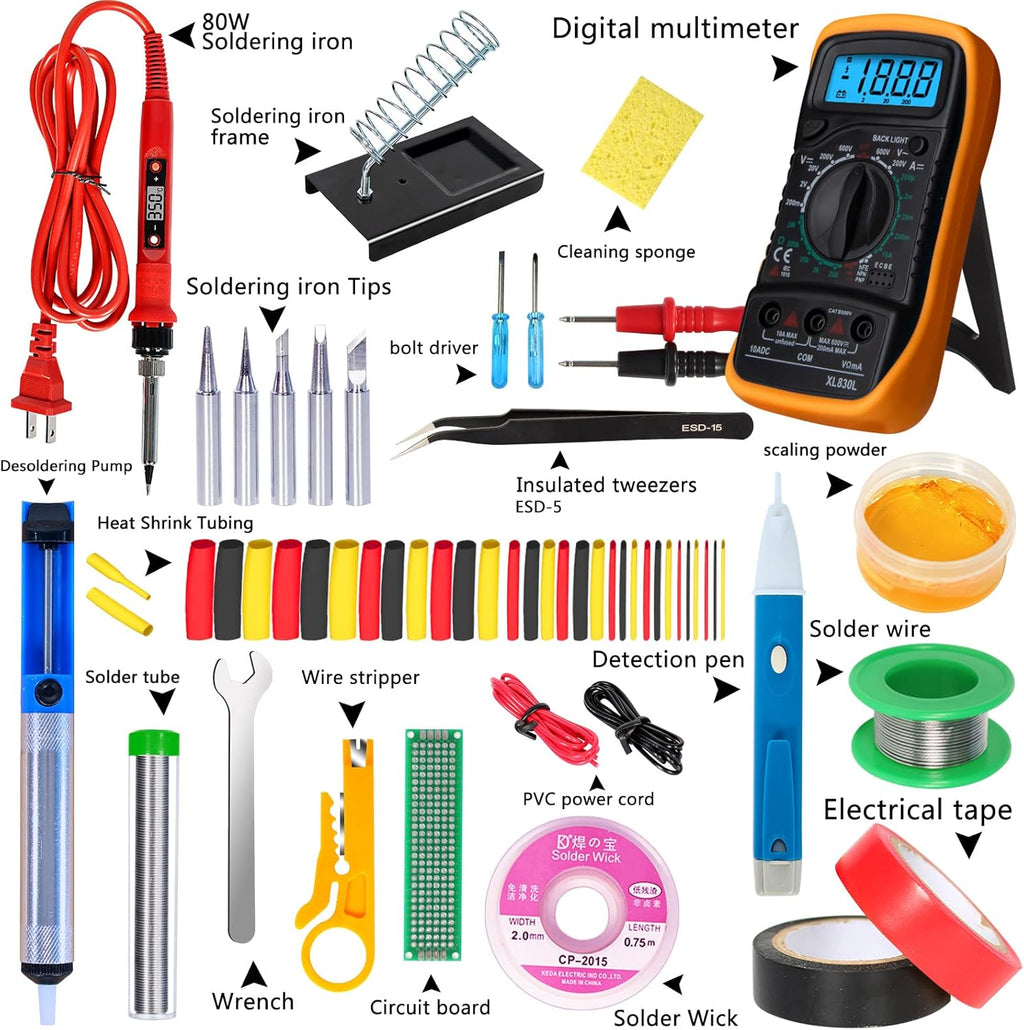Electronics Soldering Iron Kit, 80W LCD Digital Soldering Gun with Adjustable Temperature Controlled and Fast Heating Ceramic Thermostatic Design, 24pcs Solder Kit Welding Tool