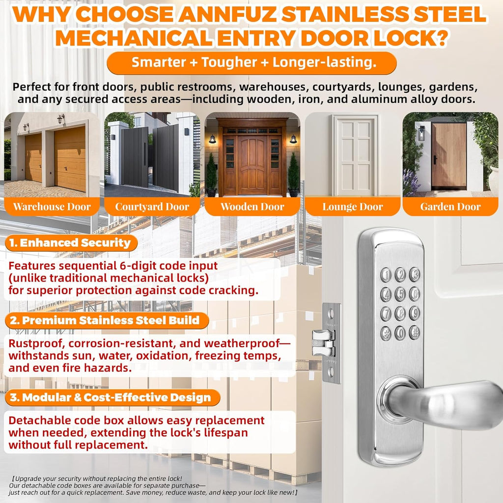 Stainless Steel Mechanical Keypad Entry Door Handle Lock,Commercial Keyless Push Button Code Door Lever,Single-Sided Combination &Interior Non-Locking,Exterior Auto-Lock,for Outdoor,Silver