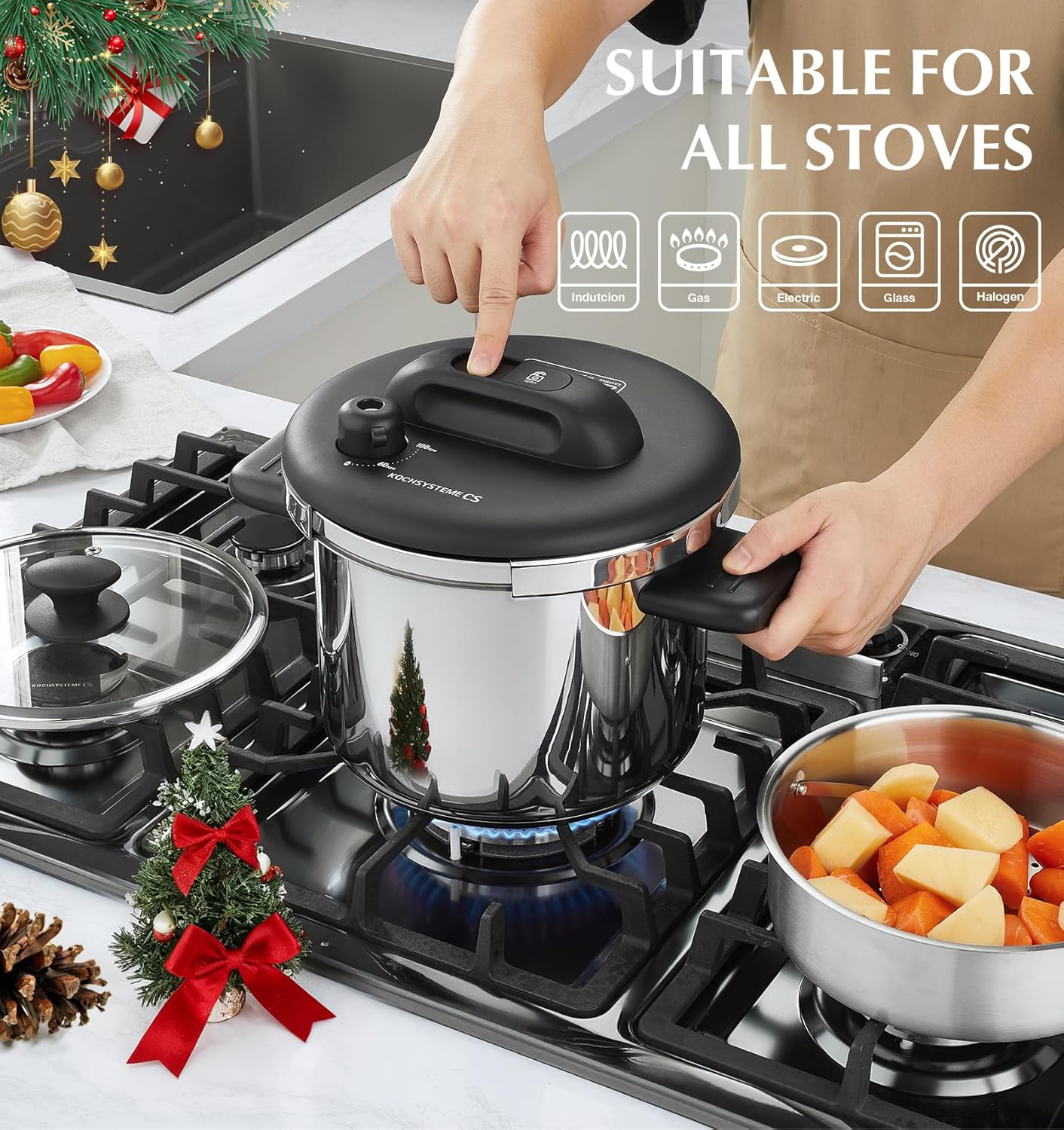 KOCH SYSTEME CS 8.5QT Pressure Cooker Stainless Steel, Olla de Presion, 18/10 Stainless Steel Pressure Cooker, Easy One-Press Lock Pressure Cookers, Induction Ready, Glass Lid & Steamer