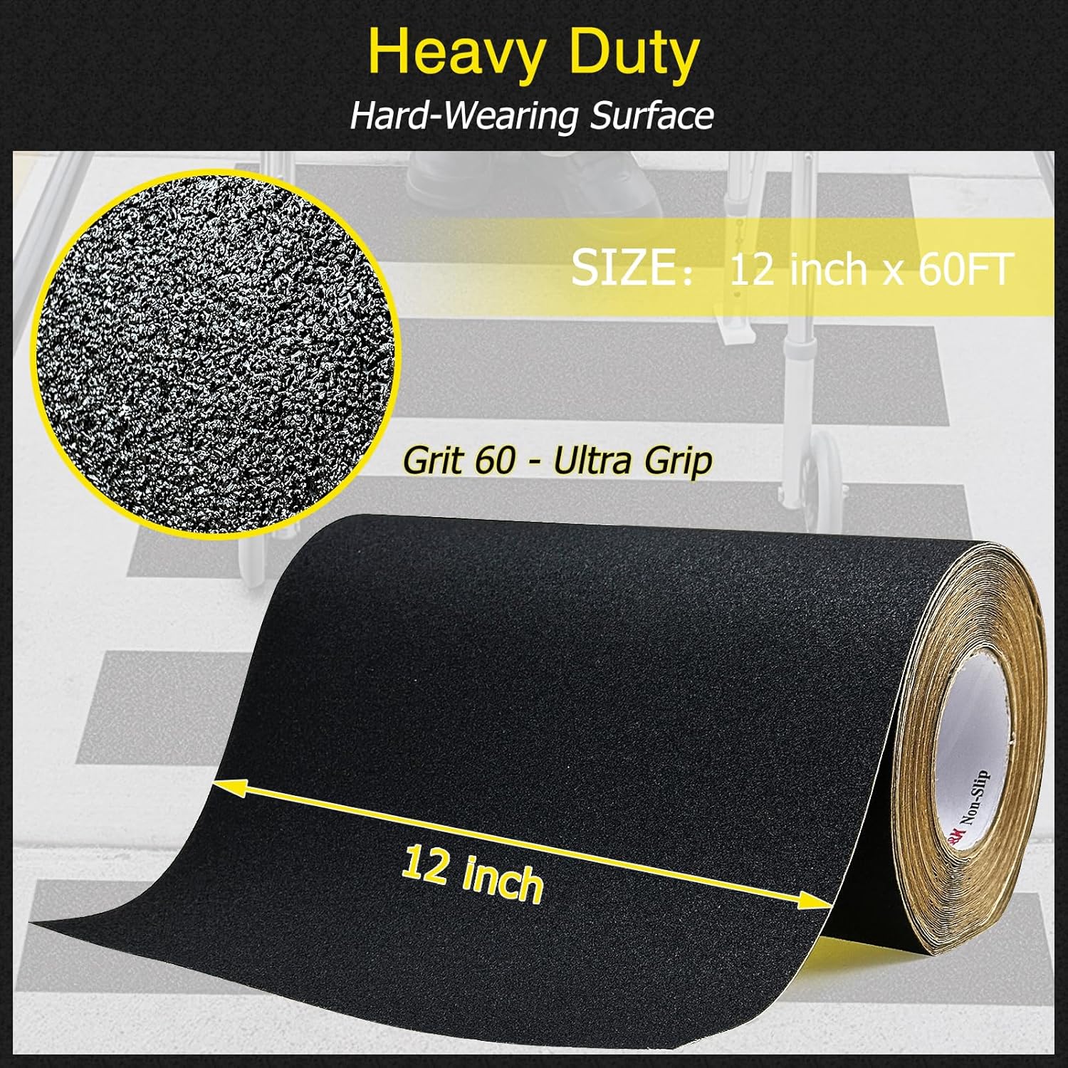 S&X Anti Slip Tape 12 Inch x 60 FT Roll Black Grit 60 Exceptional Traction Non-Slip Skid Grip Tape for Outdoor Stair Treads, Wooden Steps & Exterior Grips - Long-Lasting Tread Strips