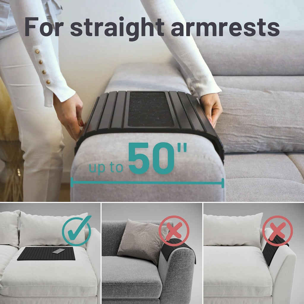 D&D Living® Sofa Tray - Flexible Couch Armrest Organizer with Anti-Slip Cork Pad | Sofa Tray with 18.5x13.4 inches, Sustainable Large Black Bamboo