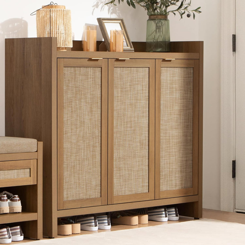 SICOTAS Shoe Storage Cabinet Set of 2, Large Tall Shoe Cabinet, Rattan Shoe Cabinet Storage for Entryway, Farmhouse Cabinet with Doors and Adjustable Shelves for Entryway Hallway Living Room
