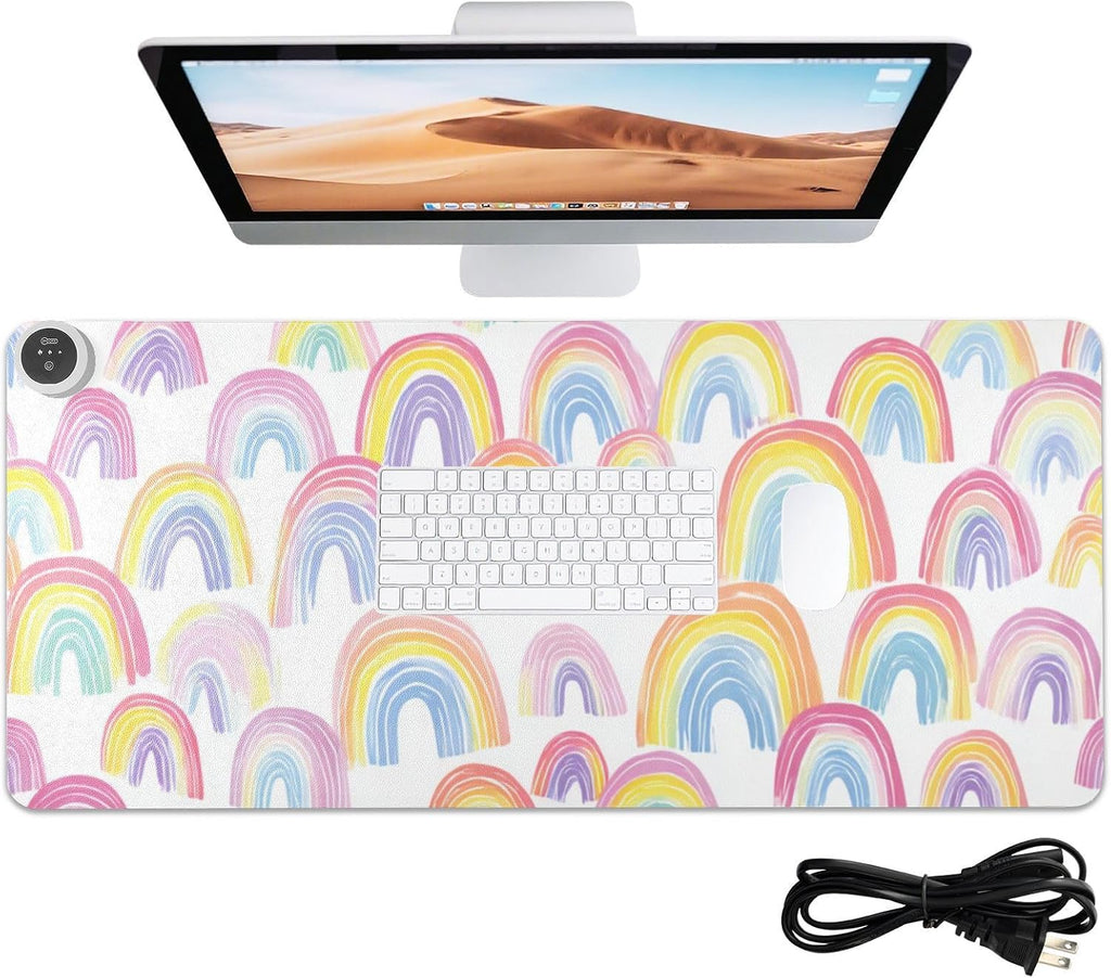 Heated Desk Pad Mouse Pad 31.5x13 Inch PU Leather Desk Mat with 3 Heat Levels Large Mouse Gaming Computer Laptop Mat Gradient Cute Rainbows