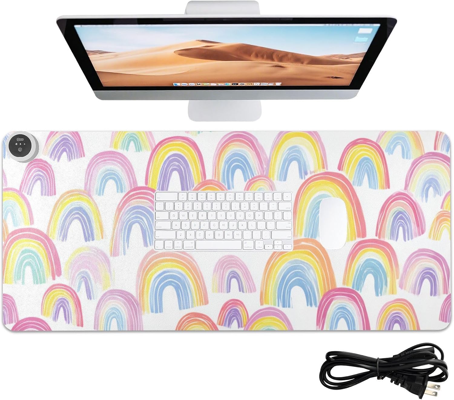 Heated Desk Pad Mouse Pad 31.5x13 Inch PU Leather Desk Mat with 3 Heat Levels Large Mouse Gaming Computer Laptop Mat Gradient Cute Rainbows