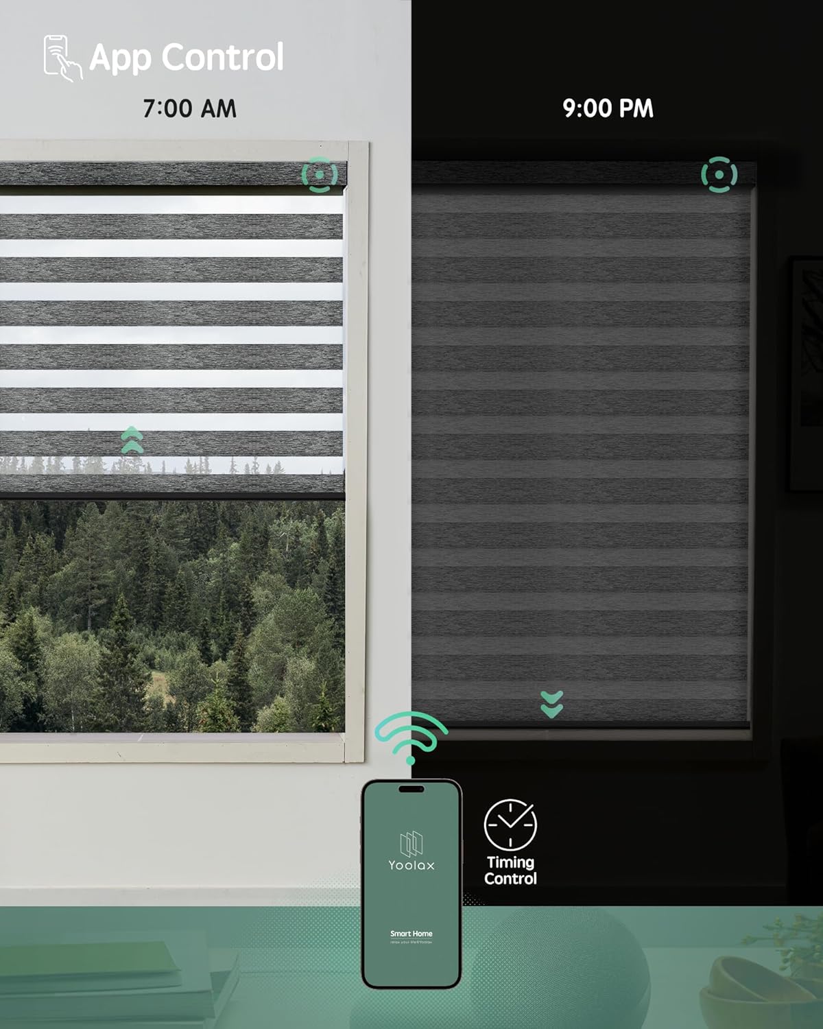 Yoolax Motorized Zebra Blinds Compatible with Alexa, Motorized Blinds with Remote Smart Automatic Custom Electric Window Blinds Cordless Indoor Blackout for Home Bedroom Kitchen (Grey Black)