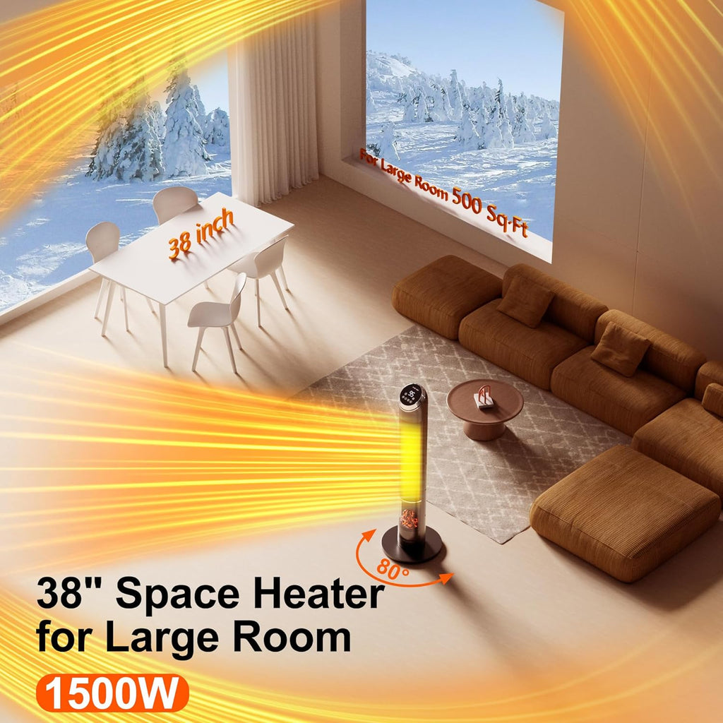 Space Heaters for Large Room, 38IN Electric Heater with Thermostat, 1500W Portable Space Heater with 80°Oscillation, 24H Timer Bedroom Heater, Remote Control, Tip-over & Overheat Protection Indoor Use
