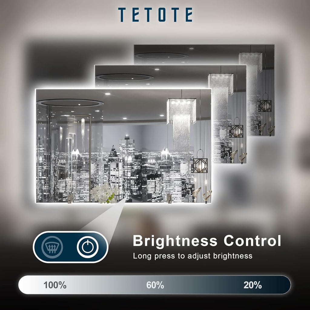 TETOTE 48 x 30 Inch LED Mirror Backlit Bathroom,Anti-Fog Mirror with Light,Dimmable,CRI90+,IP54 Water Proof,Wall Mounted Vanity Lighted Mirror,Horizontal/Vertical