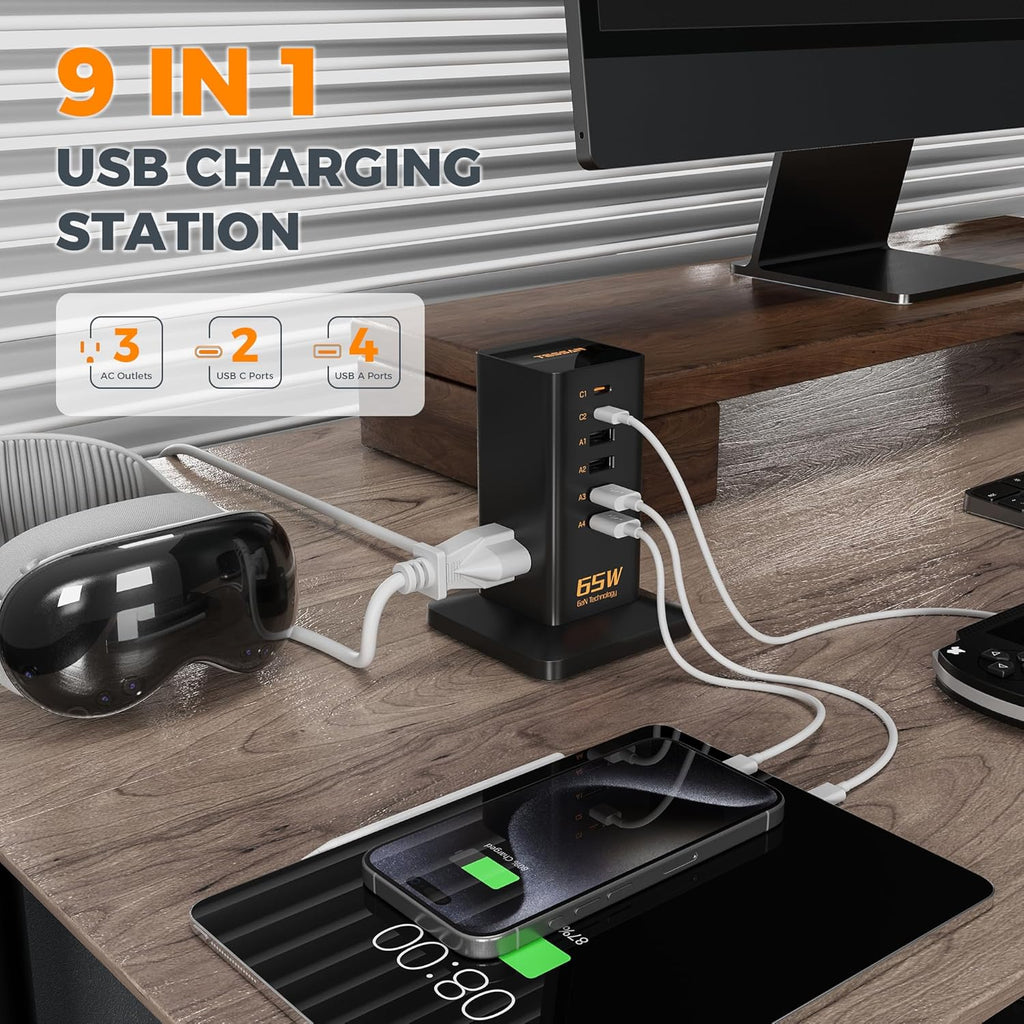 USB Charging Station for Multiple Devices PD 65W, TESSAN 9-in-1 USB C Charger Block for iPhone 17/16/15, MacBook, Tablet, Type C Desktop Charger with 3 AC, Home Travel Office Accessories