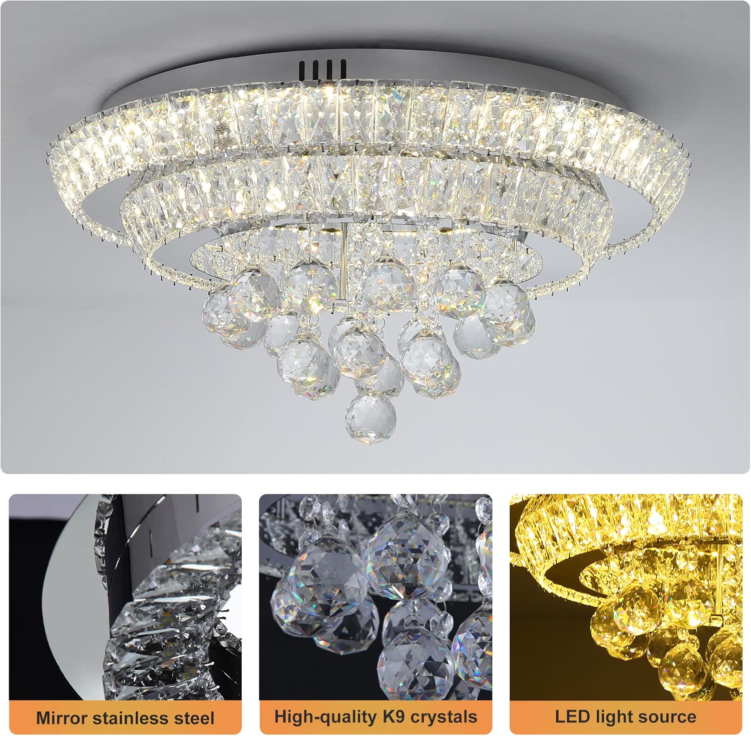 Elegant LED Crystal Raindrop Ceiling Light,20" Flush Mount Chandelier Light Fixture with Remote Control for Living Room Kitchen Island Bathroom Bedroom Hallway Entryway(Dimmable)