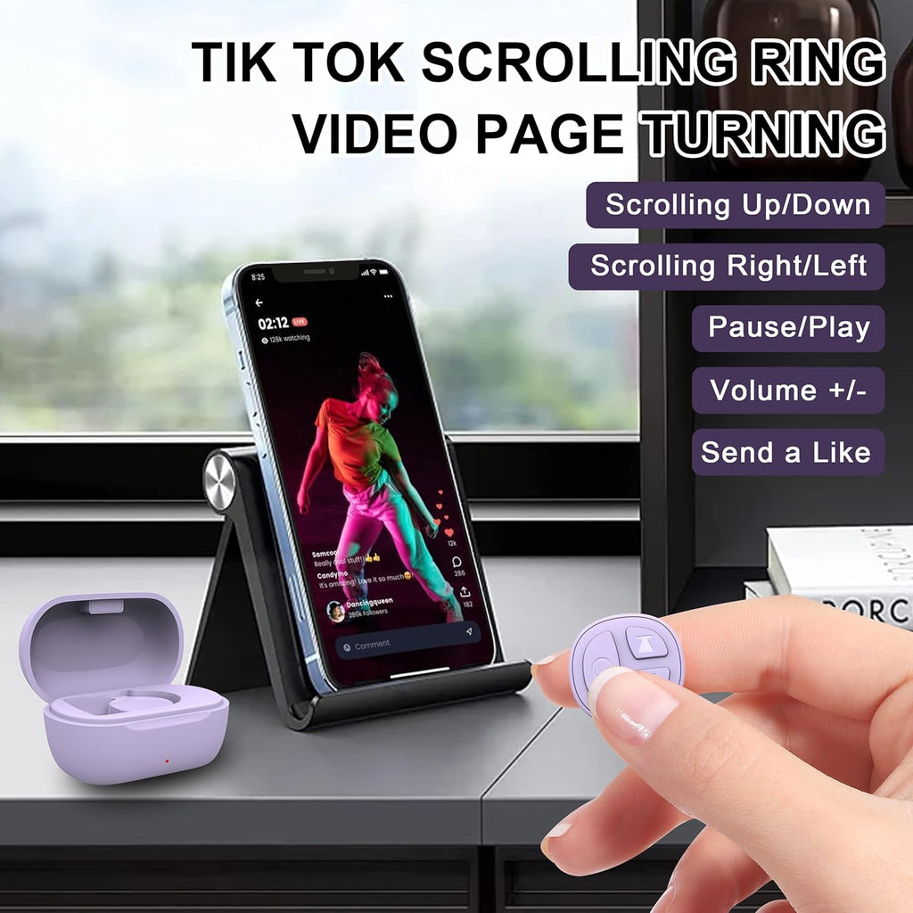 Tiktok Scrolling Ring for iPhone, Bluetooth Camera Remote Control, Remote Control for TIK Tok Scrolling Ring for iPhone, Android (Purple)