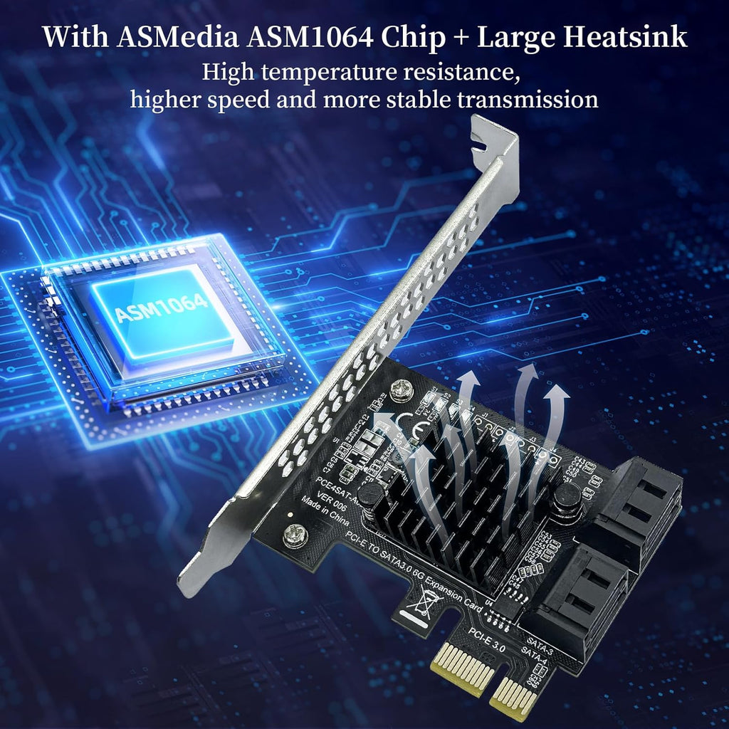 4-Port PCIe SATA III 6Gbps Expansion Card, PCIe x1 to 4 Port SATA 3.0 Controller Card - ASM1064 Chip, with Low Profile Bracket for Windows Linux Mac