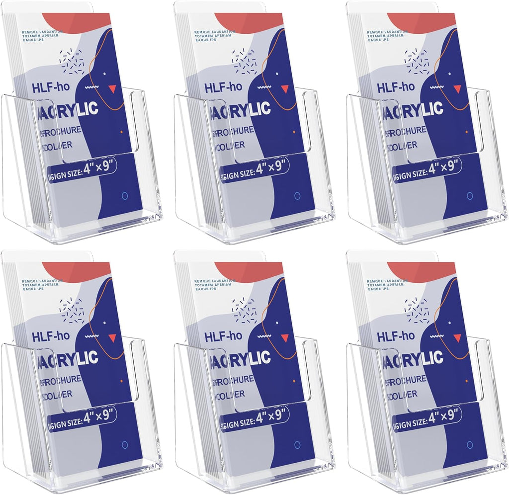 Brochure Holder 4x9 Inch Acrylic Literature Holders Clear Plastic Flyer Display Stand Countertop Use Pamphlet Holder Multi Purpose Organizer for Office, Lobby, Hotels, Trade Shows, 6 Pack