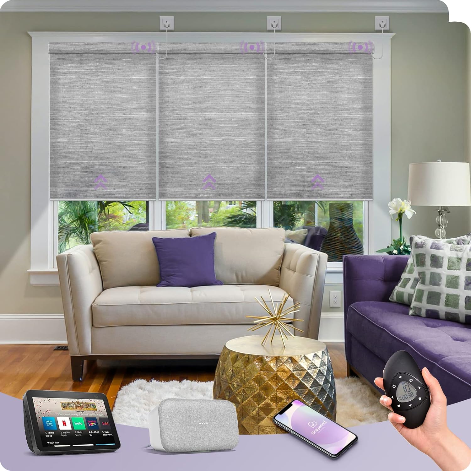 Graywind Motorized Light Filtering Shades Compatible with Alexa Google Hardwired WiFi Smart Half Shading Remote Control Automated Blinds Electric Window Shades, Custom Size (Jacquard Grey)