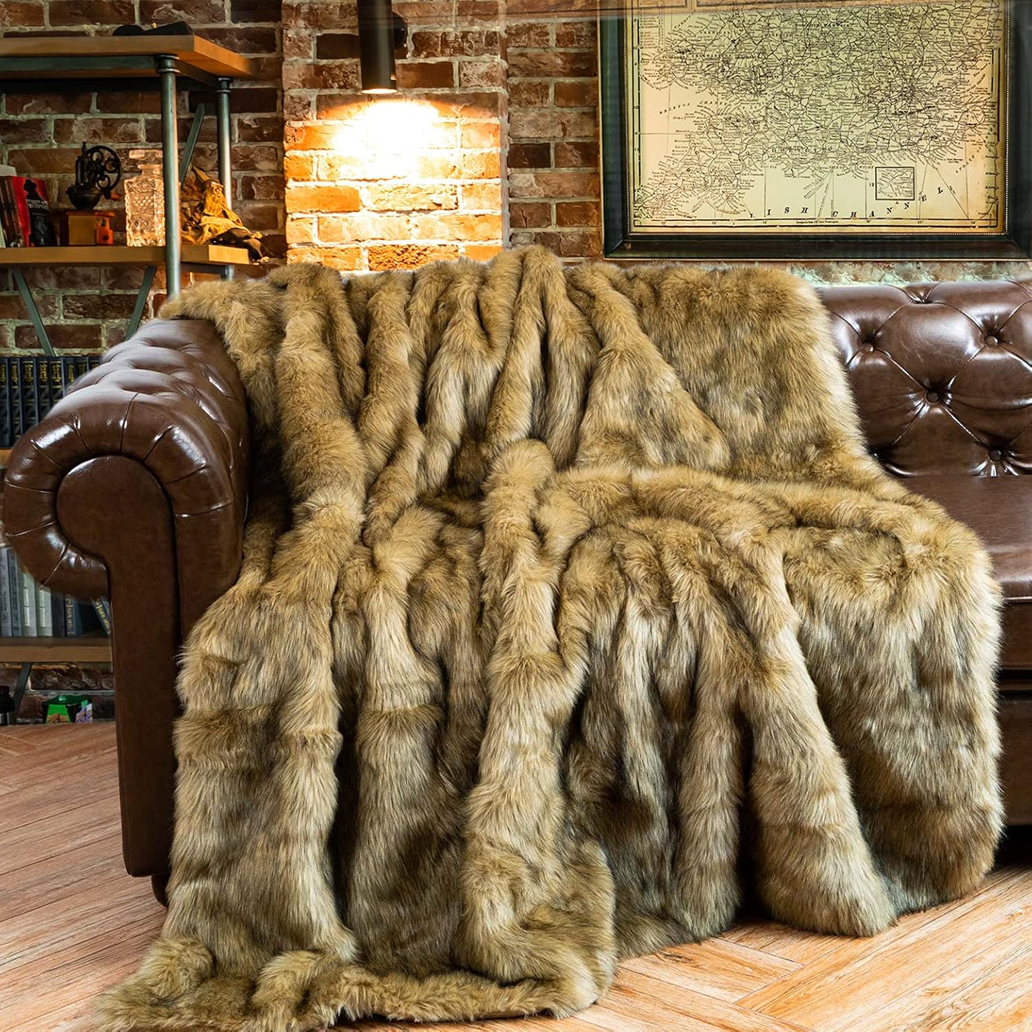 BATTILO HOME Luxury Golden Faux Fur Blanket, 60"x 80" Large Fur Throw Blankets for Bed, Couch, Soft Warm, Fuzzy, Fluffy, Golden with Back Tipped Blanket, Reversible to Plush Velvet