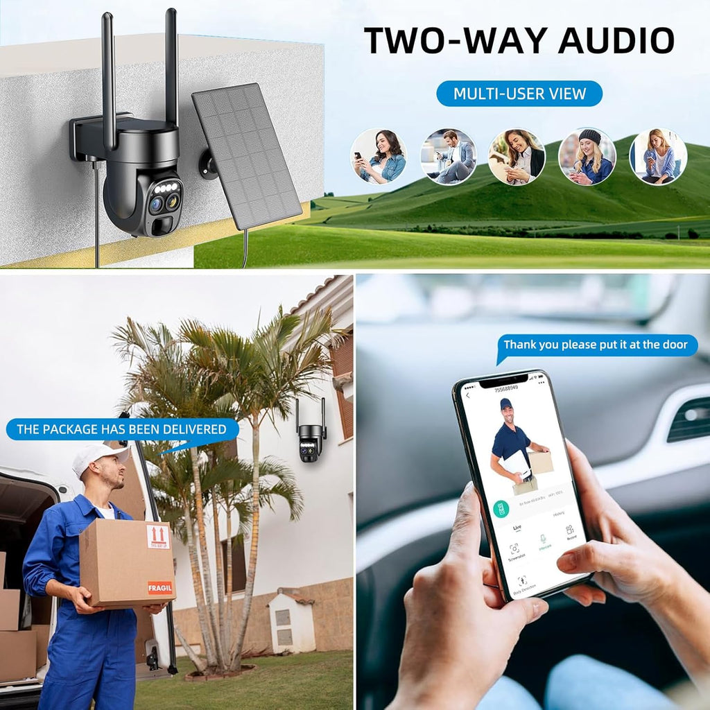Hawkray Pannel Solar Wireless Outdoor Security Camera， Dual-Lens, 10xZoom, 2K Resolution 3MP 360°Pan/Tilt，2.4&5G WiFi Battery Powered Camera with Spotlight Alarm PIR Motion Detection