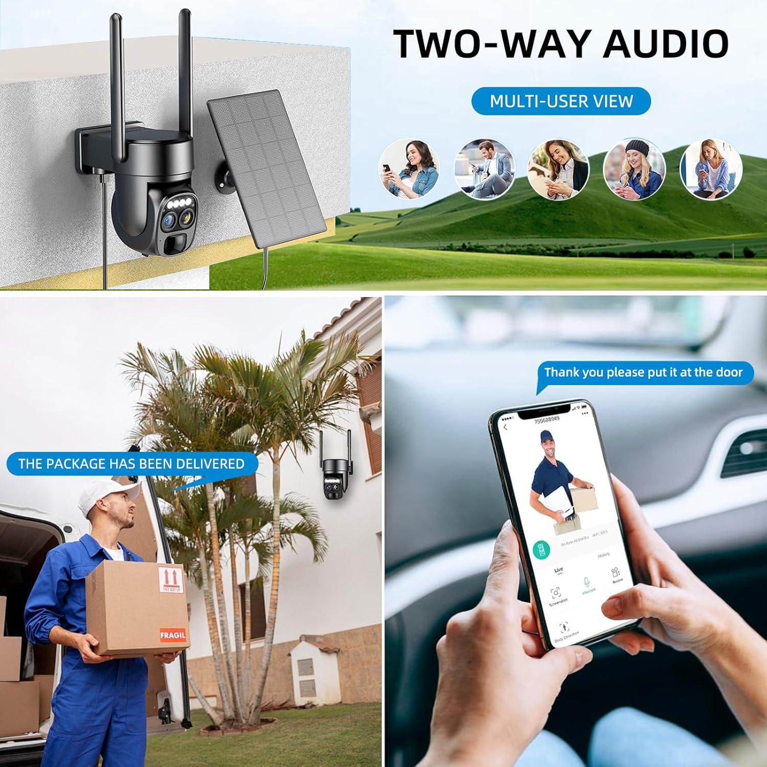 Hawkray Pannel Solar Wireless Outdoor Security Camera， Dual-Lens, 10xZoom, 2K Resolution 3MP 360°Pan/Tilt，2.4&5G WiFi Battery Powered Camera with Spotlight Alarm PIR Motion Detection
