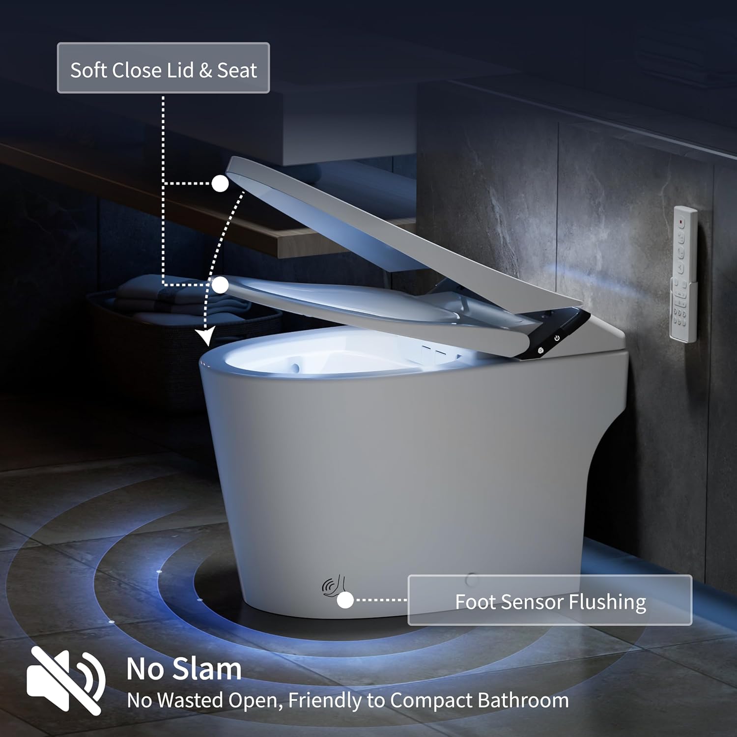 Smart Toilet with Bidet Built in, Toilets with Tank, Dual Auto Flush, Foot Sensor Flush, Heated Seat, Warm Water, Foam Dispenser, Elongated Bidets for Modern Bathroom, Remote, Night Light