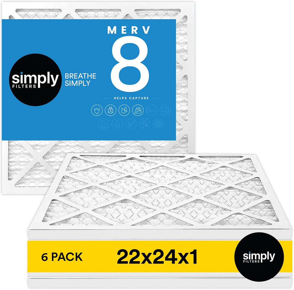 Simply 22x24x1 Air Filter, Merv 8, 6 Pack, For Home AC Furnace & HVAC (Actual Size: 21.75"x23.75"x0.75") DUST, Pet, & Allergy Control