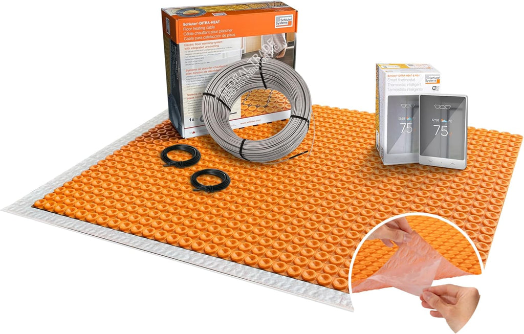 All-in-one Electric Radiant Floor Heating Kit 38 Sq Ft 240V with Smart WiFi Programmable Touchscreen Thermostat, Peel and Stick Heating Uncoupling Membrane, Underfloor Heating Cable