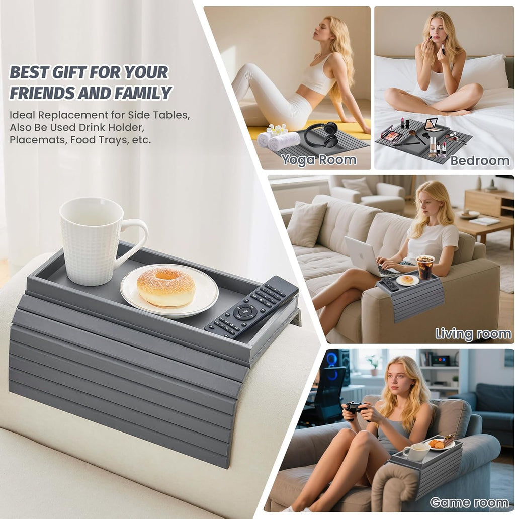 GEHE Bamboo Sofa Arm Tray, Foldable Couch Arm Tray Side Table, Anti-Falling Armrest Tables Cup Holder for Snacks, Drinks, Beers, Phone, Control, Flexible and Portable, Anti-Slip