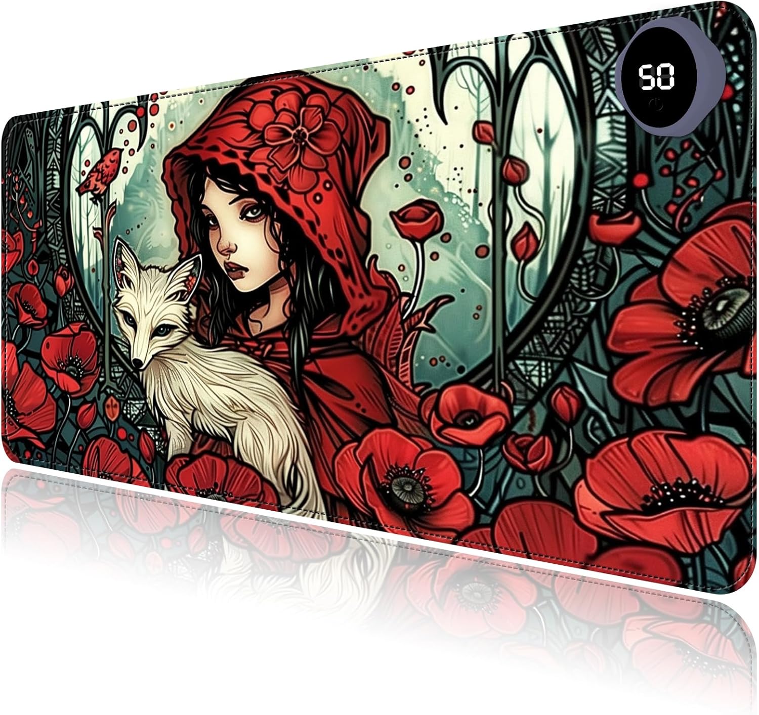 Heated Mouse Pad with 3 Levels Heated & 3 Hours Auto Shut-Off Mouse Pad for Warming Hands in Office Home, 31.5" x 13"Large Safe Desk Mat Hand Warmer，Girl White Fox