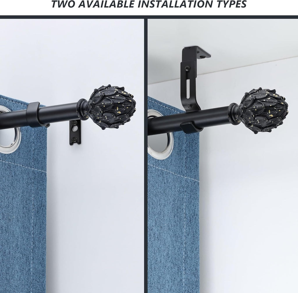 Curtain Rods for Windows 66 to 120 Inches 1 Inch Diameter Adjustable Drapery Rod Decorative Single Window Curtain Rods with Classic Finials,Black
