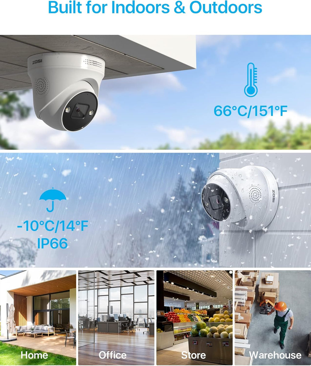 ZOSI 4K Security PoE Camera System with Person Vehicle Detection,8pcs 4K Outdoor Indoor IP Cameras,2 Way Audio,Night Vision,Sound Light Alarm,8 Ports 16CH 8MP NVR with 2TB HDD for Home 24/7 Recording
