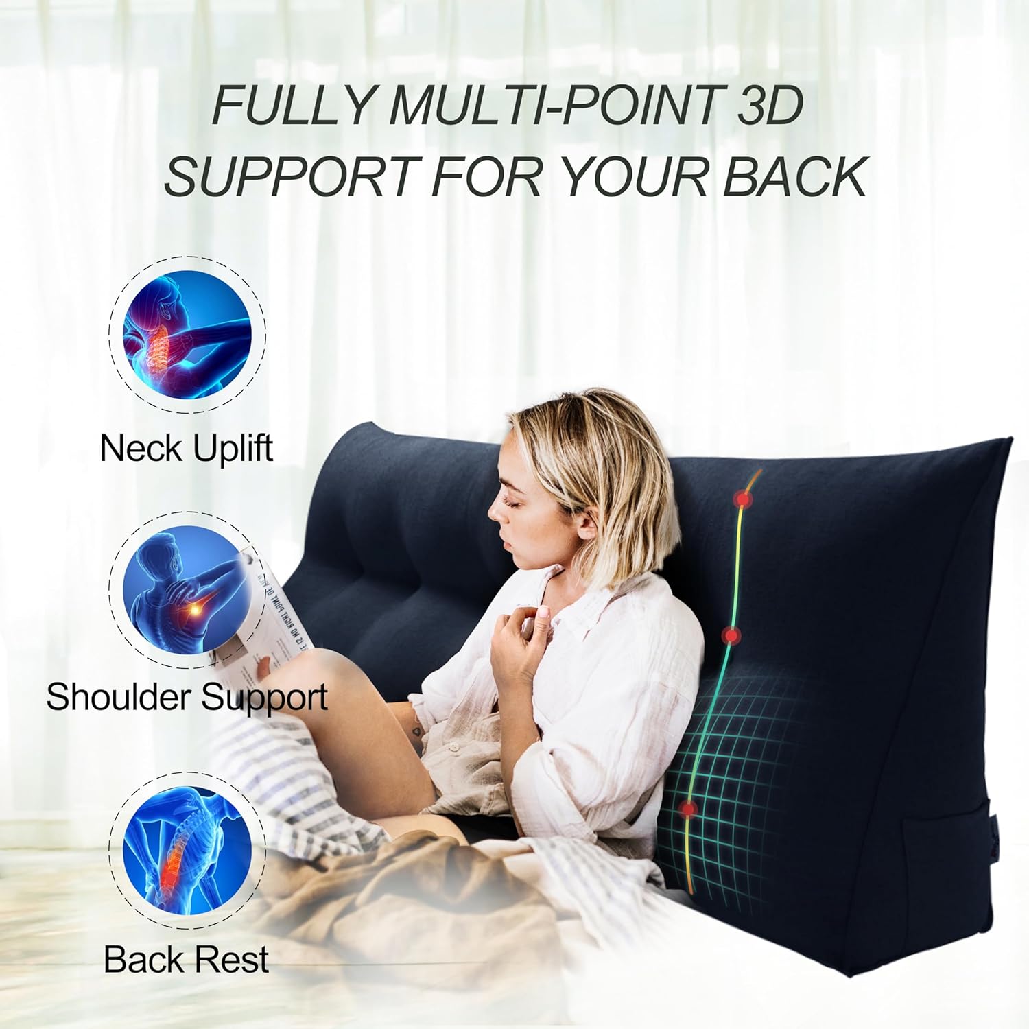 WOWMAX 85% Linen 15% Cotton Blend Headboard Pillow – Full Size Reading Wedge Backrest for Bed, Handmade Firm Support Bolster Cushion with Removable Cover, Premium Bed Rest Pillow, Blue