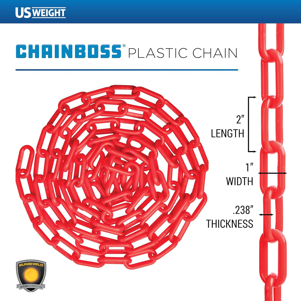 US Weight (Made in USA) 2" x 100' (5 Pack - 500’ Total) Red Plastic Safety Chain ft. SunShield UV Resistant Technology
