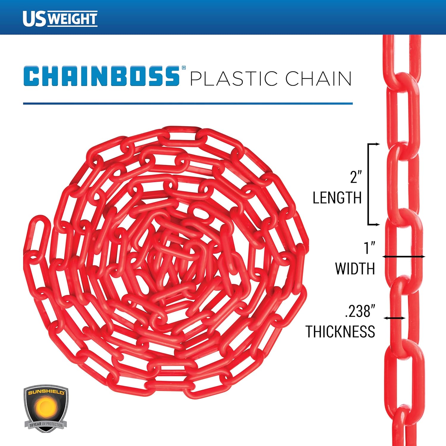 US Weight (Made in USA) 2" x 100' (5 Pack - 500’ Total) Red Plastic Safety Chain ft. SunShield UV Resistant Technology