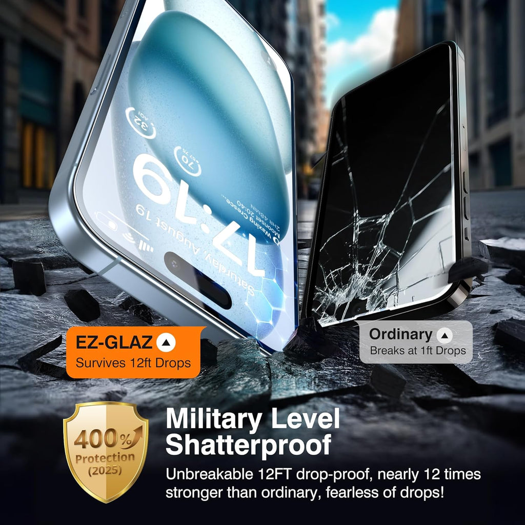 EZ-GLAZ- 4 Pack for iPhone 15 Screen Protector [6.1"] With 2 Pack Camera Lens Protector, 9H+ Hardness 12FT Military Grade Shatterproof Scratch Resistant Durable Tempered Glass Film with Flawless Fit Kit, HD Clear