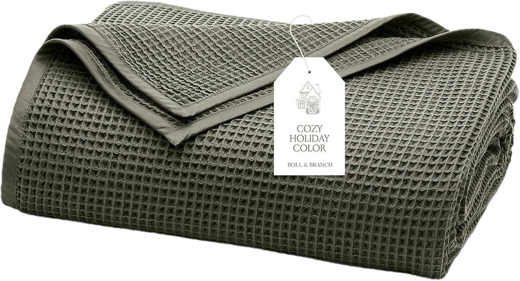 BOLL & BRANCH Waffle Bed Blanket - King/Cal King, Juniper - Luxury 100% Organic Cotton - Soft, Lightweight and Breathable - Textured Waffle Weave