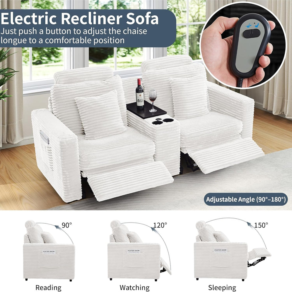 LEVNARY 2-Seater Modular Reclining Sofa with Center Console, Faux Rabbit Fur Power Recliner Loveseat with Cup Holders, USB Charging, Side Pockets & 2 Pillows, Living Room Furniture (White)
