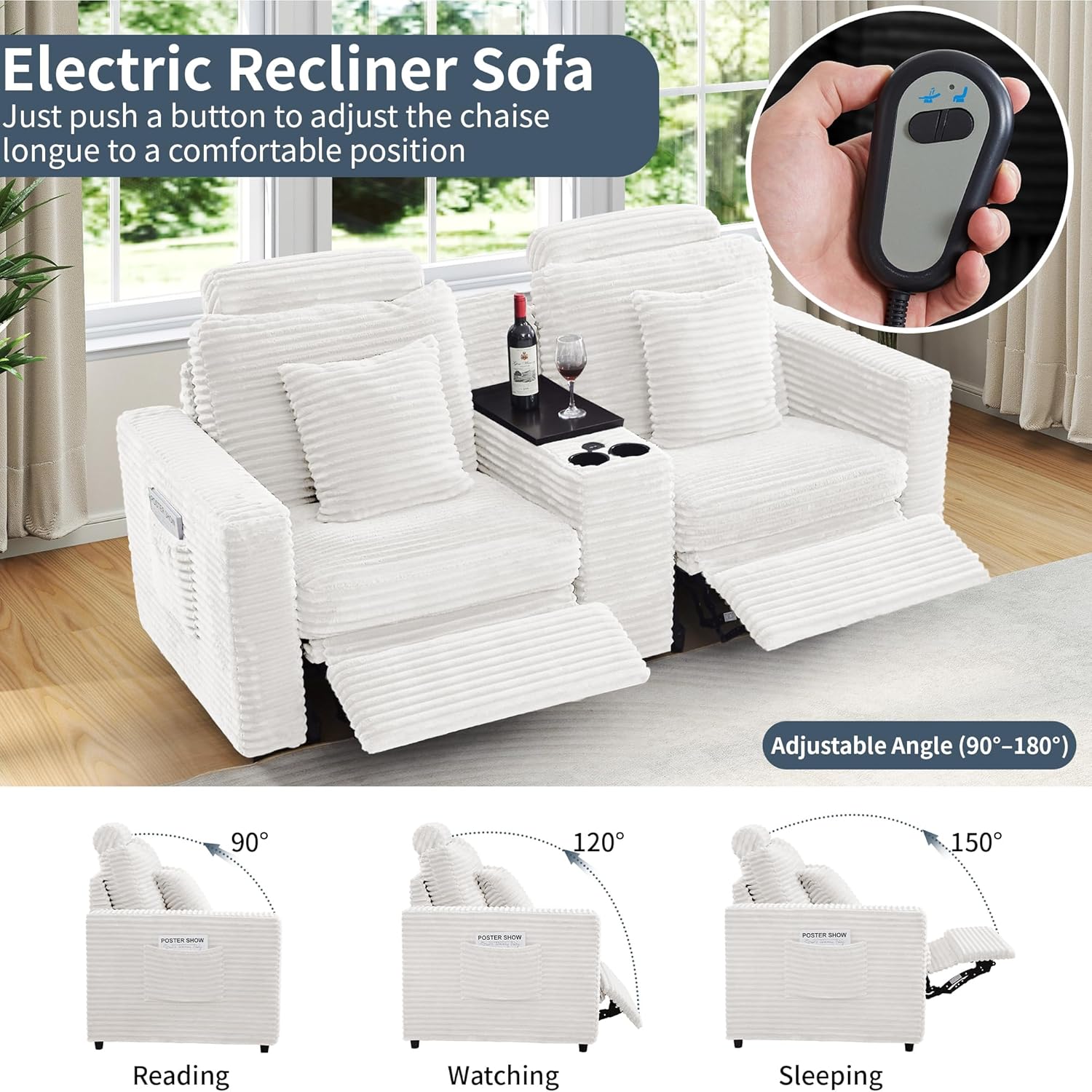 LEVNARY 2-Seater Modular Reclining Sofa with Center Console, Faux Rabbit Fur Power Recliner Loveseat with Cup Holders, USB Charging, Side Pockets & 2 Pillows, Living Room Furniture (White)