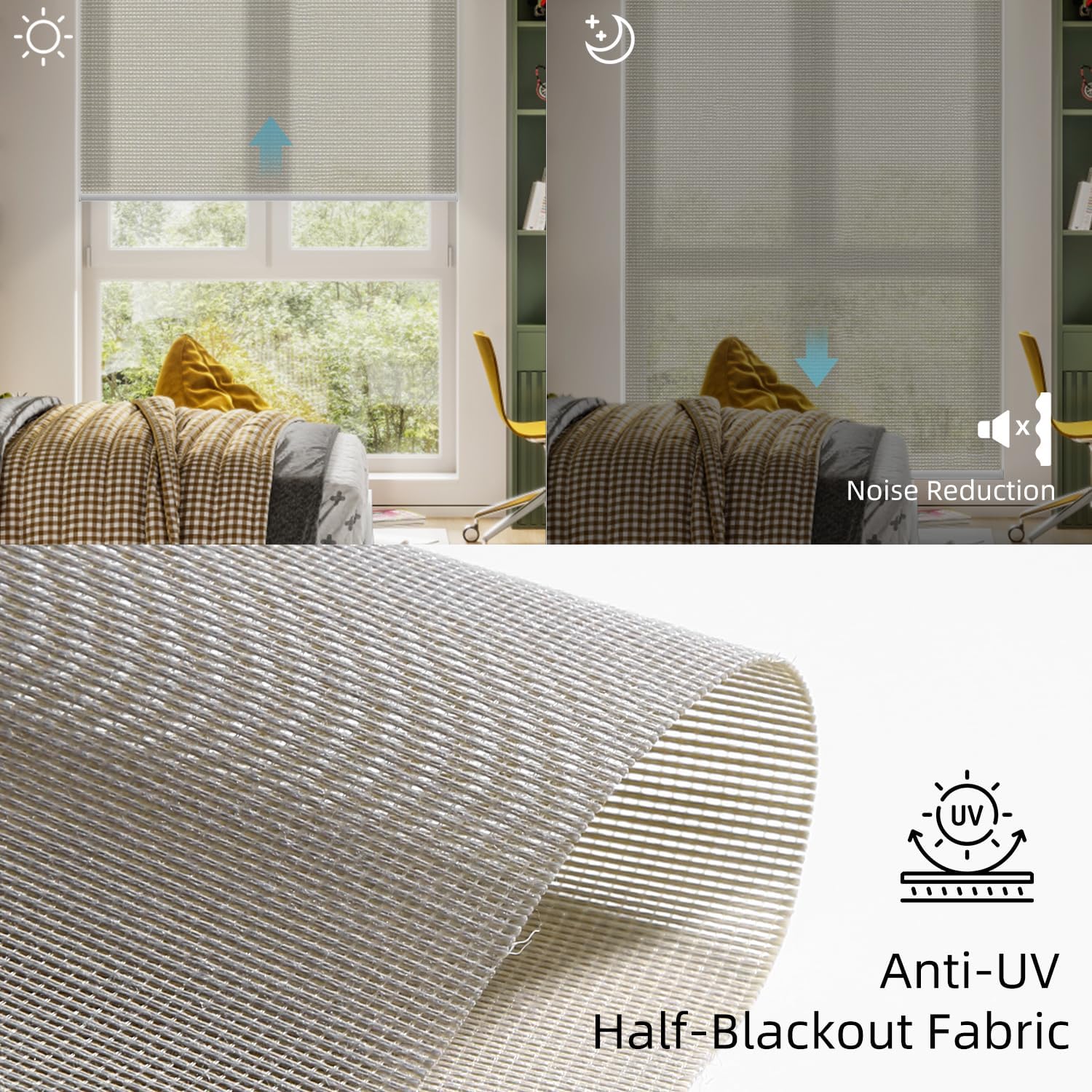 SmartWings Motorized Roller Shade, 50% Light Filtering Smart Window Blinds Semi-Blackout PVC Free Work with Apple Homekit Alexa Matter Z-Wave Zigbee Google Home, Remote Control Electric Blind, Stone