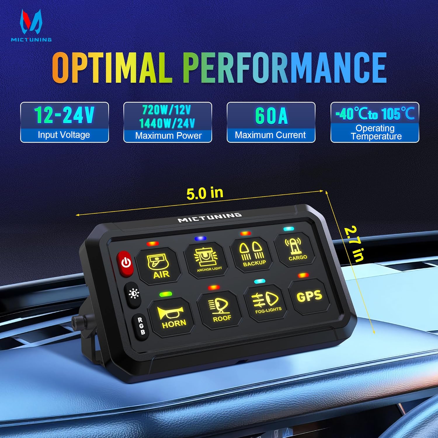 MICTUNING P1B RGB 8 Gang Switch Panel, Multifunction Toggle Momentary Flash Strobe Pulsed Switch Pod with Backlit Off, 5-Level Brightness Circuit Control Relay System Box for Truck RV Offroad Marine