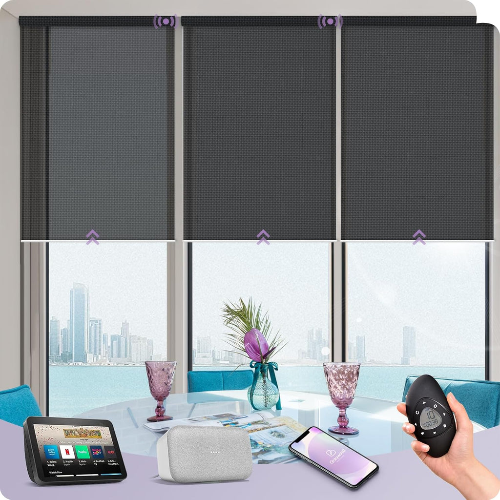 Graywind Motorized Solar Shades Compatible with Alexa Google Remote Electric Window Shade Fireproof Smart Roller Blinds with Valance for Home Office Patio, Custom Size (5% Openness Black)