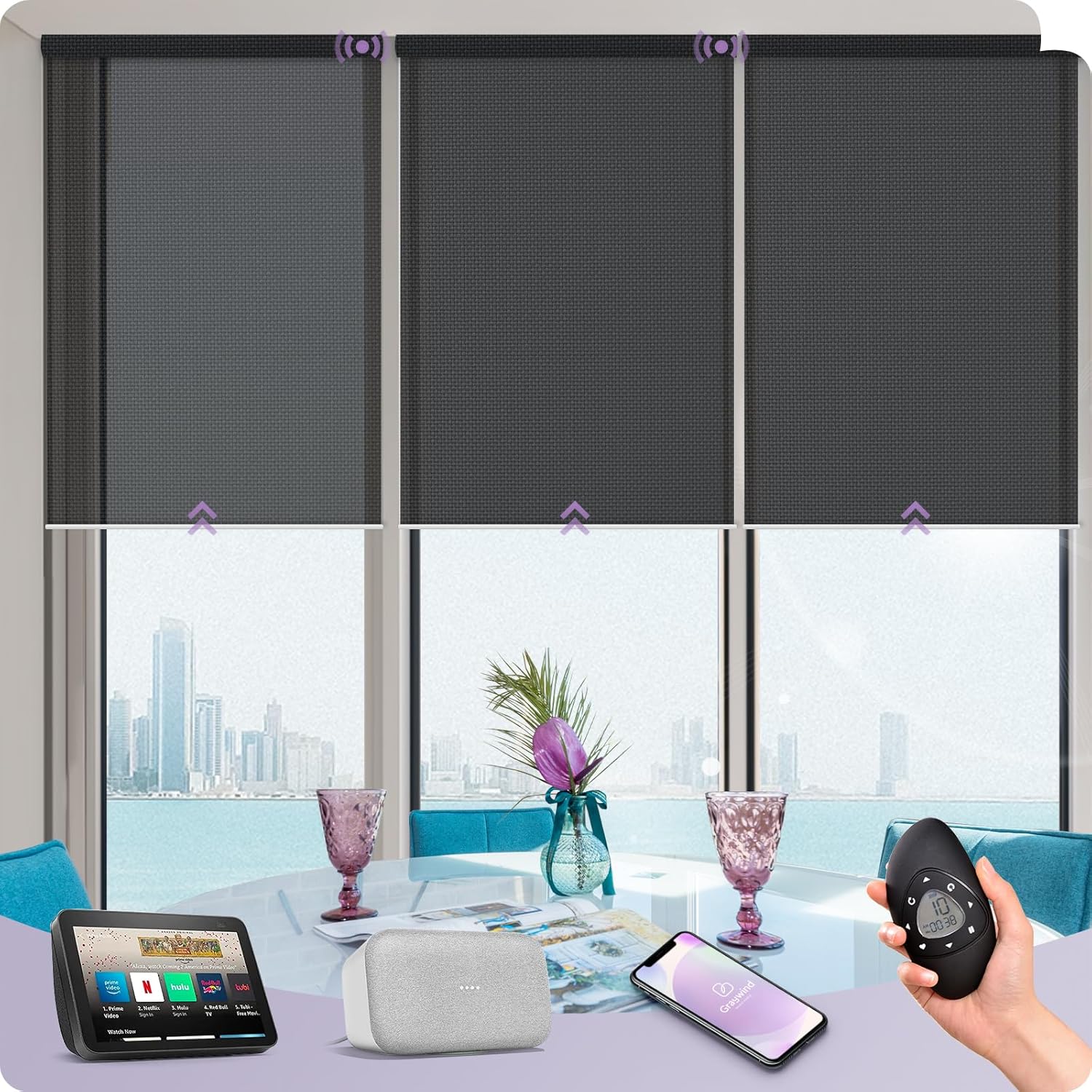Graywind Motorized Solar Shades Compatible with Alexa Google Remote Electric Window Shade Fireproof Smart Roller Blinds with Valance for Home Office Patio, Custom Size (5% Openness Black)
