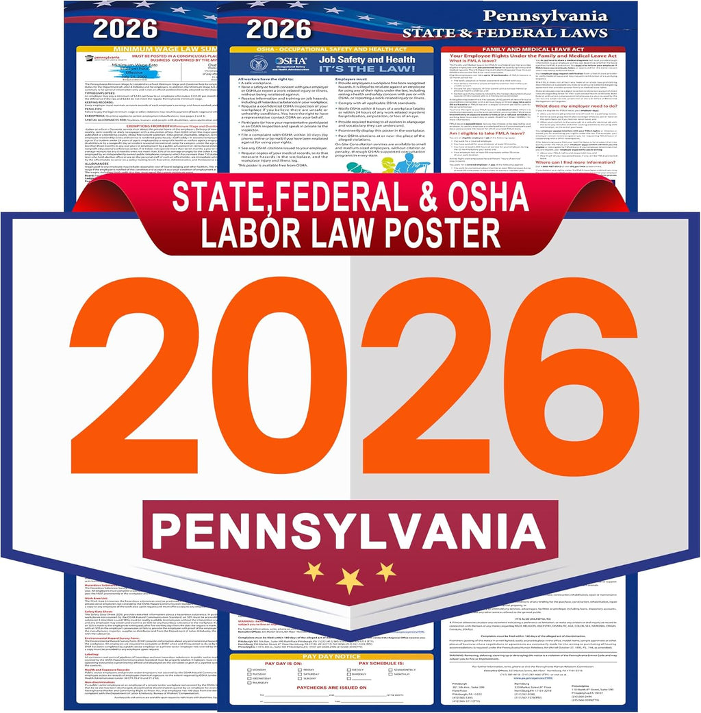 Pennsylvania Labor Law Poster Set 2026,Federal and OSHA Compliant Laminated Post,All in One Required Compliance Posting 17" x 40" English Version 2PCS - Ideal for Posting in The Workplace