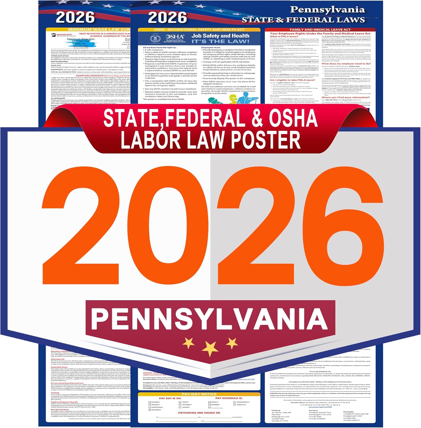 Pennsylvania Labor Law Poster Set 2026,Federal and OSHA Compliant Laminated Post,All in One Required Compliance Posting 17" x 40" English Version 2PCS - Ideal for Posting in The Workplace