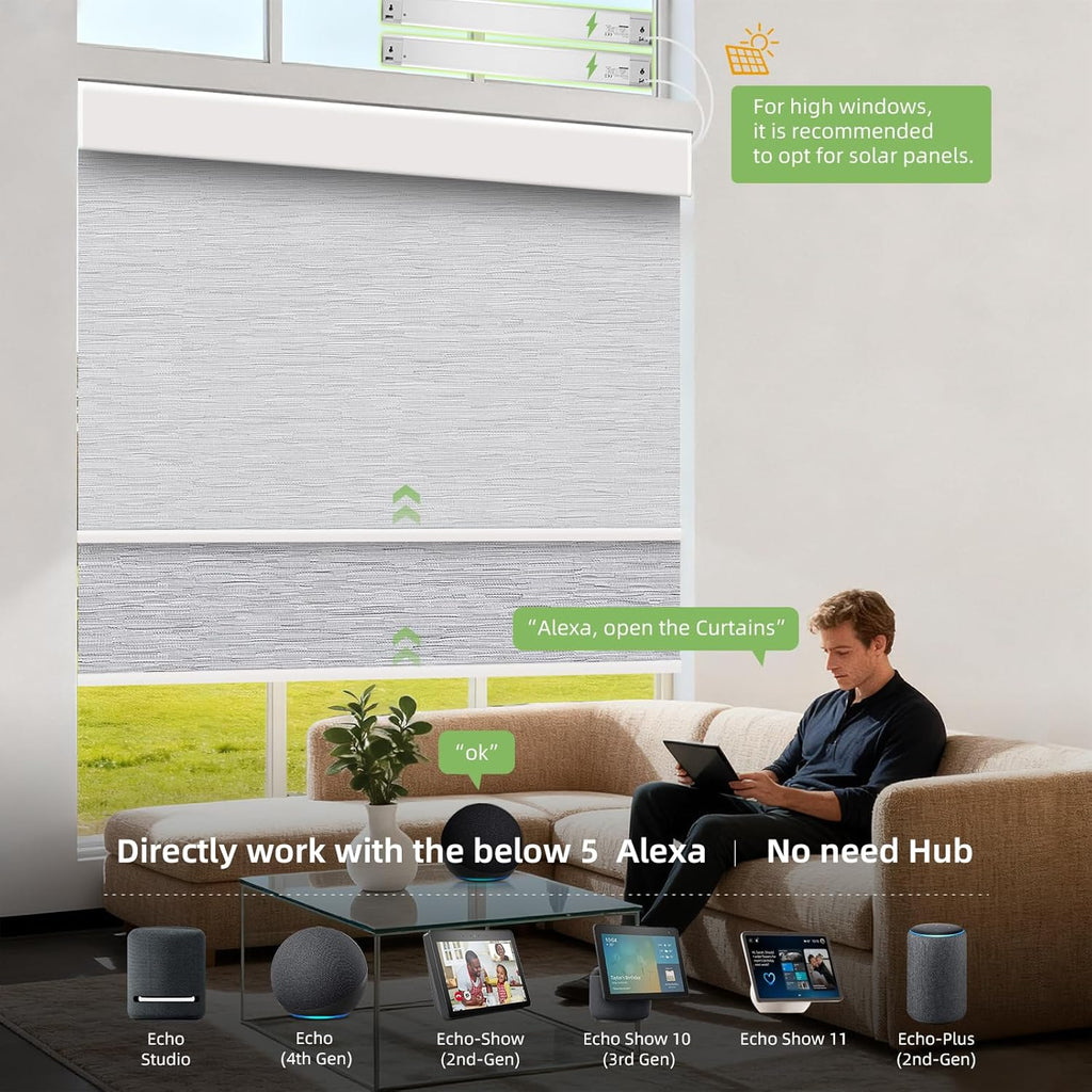 ZSTARR Motorized Day and Night Dual Smart Blind for Window with Valance Rechargeable Motor,Blackout Roller Shade Custom Size,with Valance Suitable for Home,Office (Full Blackout Gray)