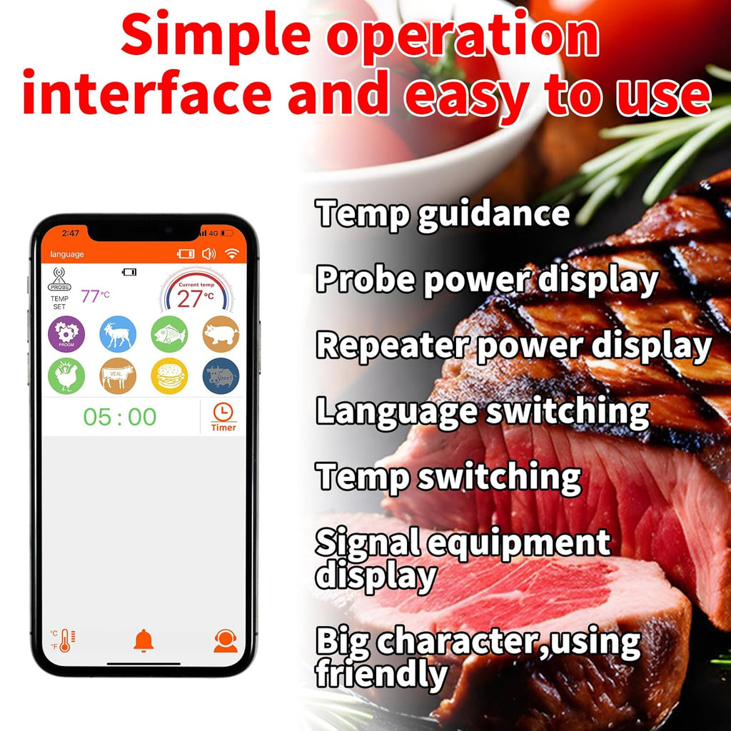 500ft Smart Wireless Meat Thermometer for BBQ, Wireless Thermometer with IP66 Waterproof, Bluetooth Meat Thermometer for Gift, Kitchen, Smoker,Grilling, Oven, Rotisserie | iOS & Android