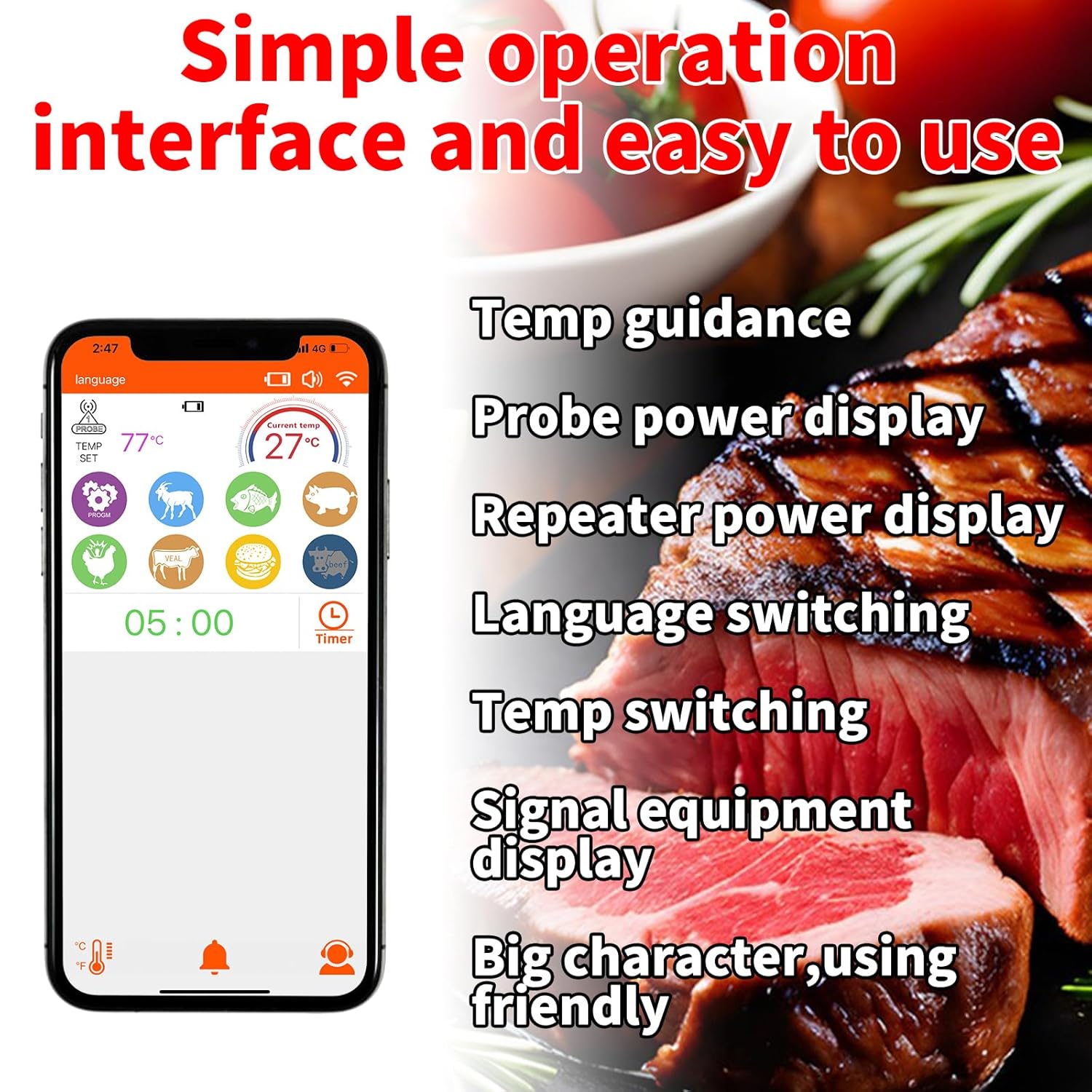 500ft Smart Wireless Meat Thermometer for BBQ, Wireless Thermometer with IP66 Waterproof, Bluetooth Meat Thermometer for Gift, Kitchen, Smoker,Grilling, Oven, Rotisserie | iOS & Android